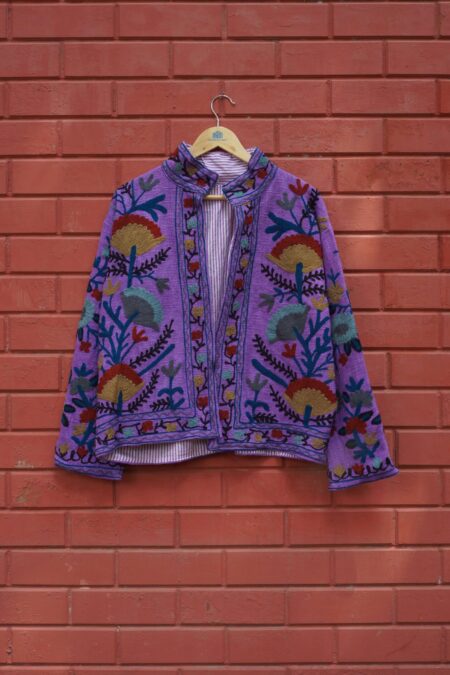 Womens Dark Purple Velvet Embroidered Jacket with Floral Design